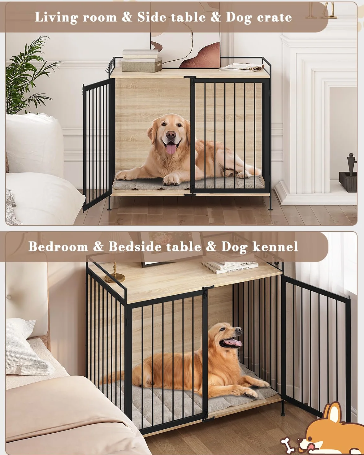 EUGAD Jaula para Perros, Casa Perro Interior con 2 Puertas, Caseta para Perros Grandes Medianos y Pequeños,104x92x60cm, Capacidad de Carga 50KG,Barras de Metal Resistentes, Mesa Auxiliar Salon