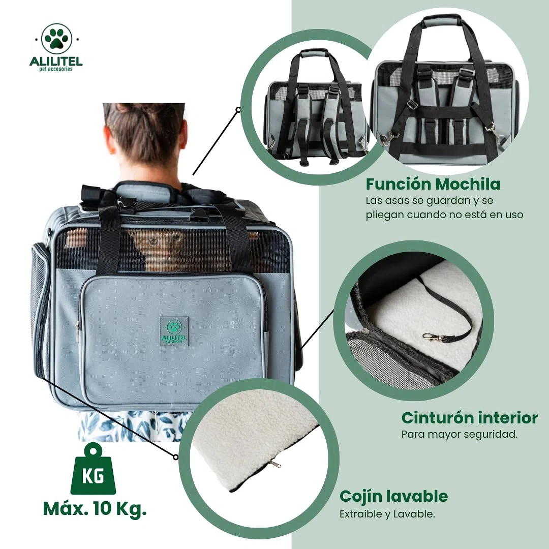 Transportin Gato Perro, Mochila Transporte para Mascotas, Transportin Transpirable con Asas y Correa de Hombro, Incluye Organizador de Documentos