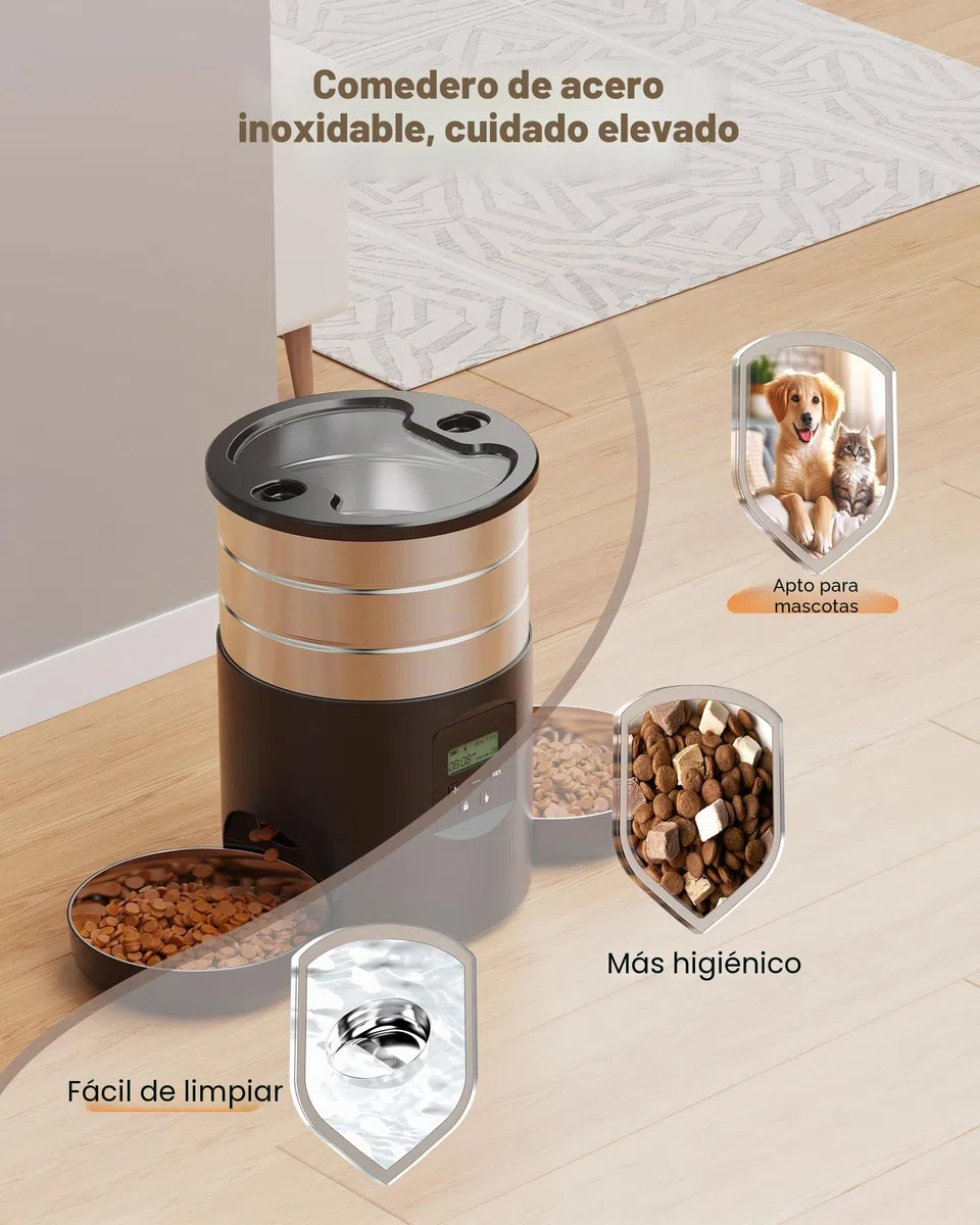 Comedero Gato Automatico Doble Cuencos: Dispensador Comida Gatos Acero Inoxidable - 5L Alimentador Perro con Programable Temporizador para Interior - Dosificador Pienso para Pequeño/Mediano Mascota