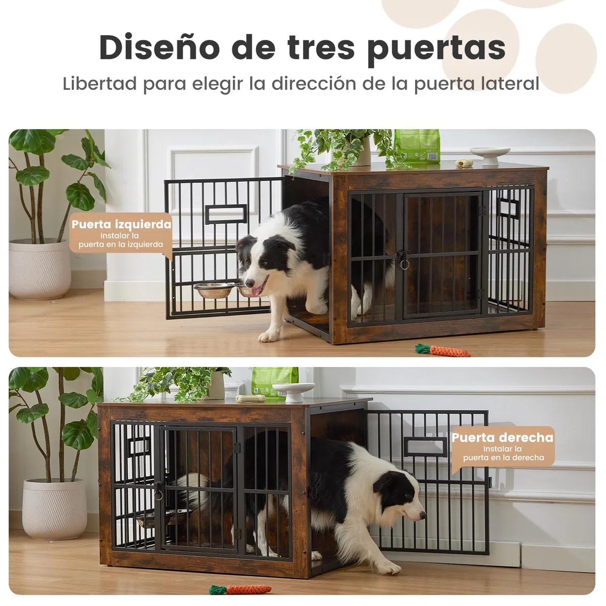 Gardner Pet 99cm Jaula para Perros, Jaula Perro Grande Mueble, con 3 Aberturas Superiores para Alimentación en Jaula para Perros de Madera, 3 Puertas, 99x65x69cm, Marrón