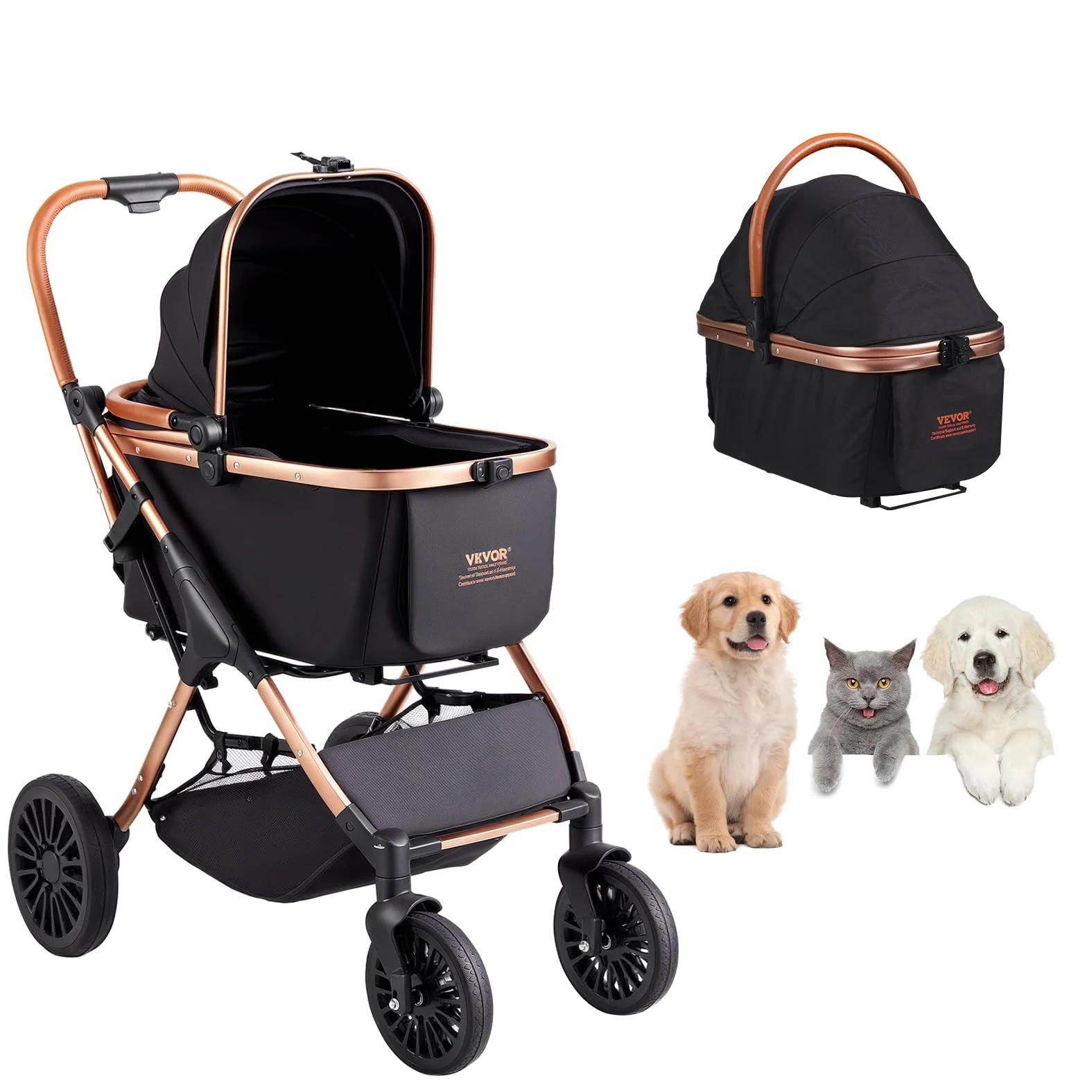 VEVOR Cochecito para Mascotas, 4 Ruedas giratorias con Frenos, Capacidad de Peso de 66 Libras, Cochecito para Cachorros con transportador Desmontable, Cesta de Almacenamiento y Almohadilla para