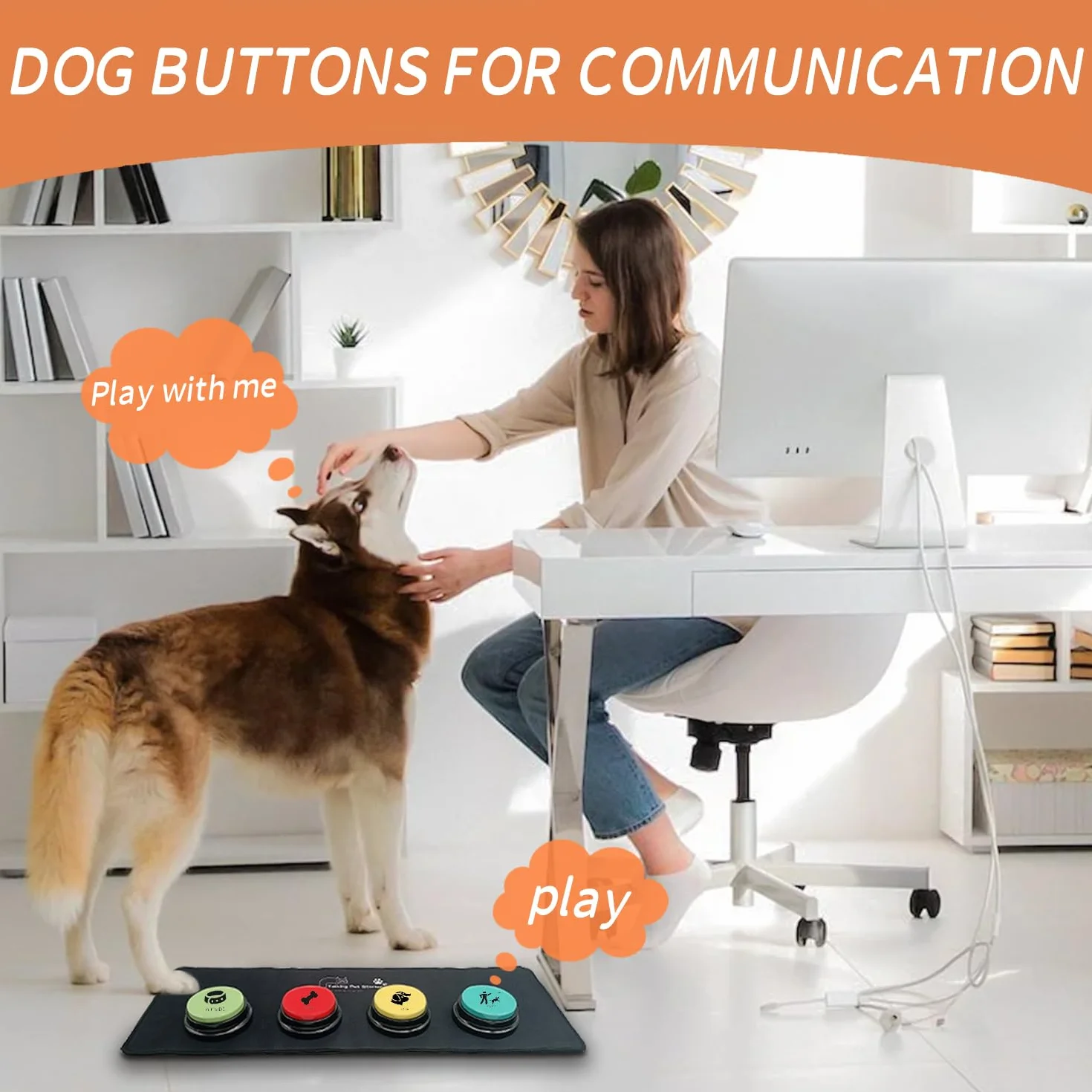 4 Botones de Perro para comunicación, Botones grabables, Botones para Perros, 4 Botones, 1 Almohadilla de Goma, 50 calcomanías, Entrena a tu Perro para Hablar