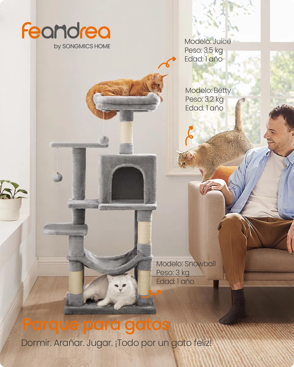 Feandrea Árbol para Gatos, Altura 112 cm, Torre de Gatos, con 4 Postes Rascadores, 2 Plataformas, 1 Cueva, 1 Hamaca, 2 Pompones, Tela de Felpa, Multinivel, Gris Claro PCT261W01