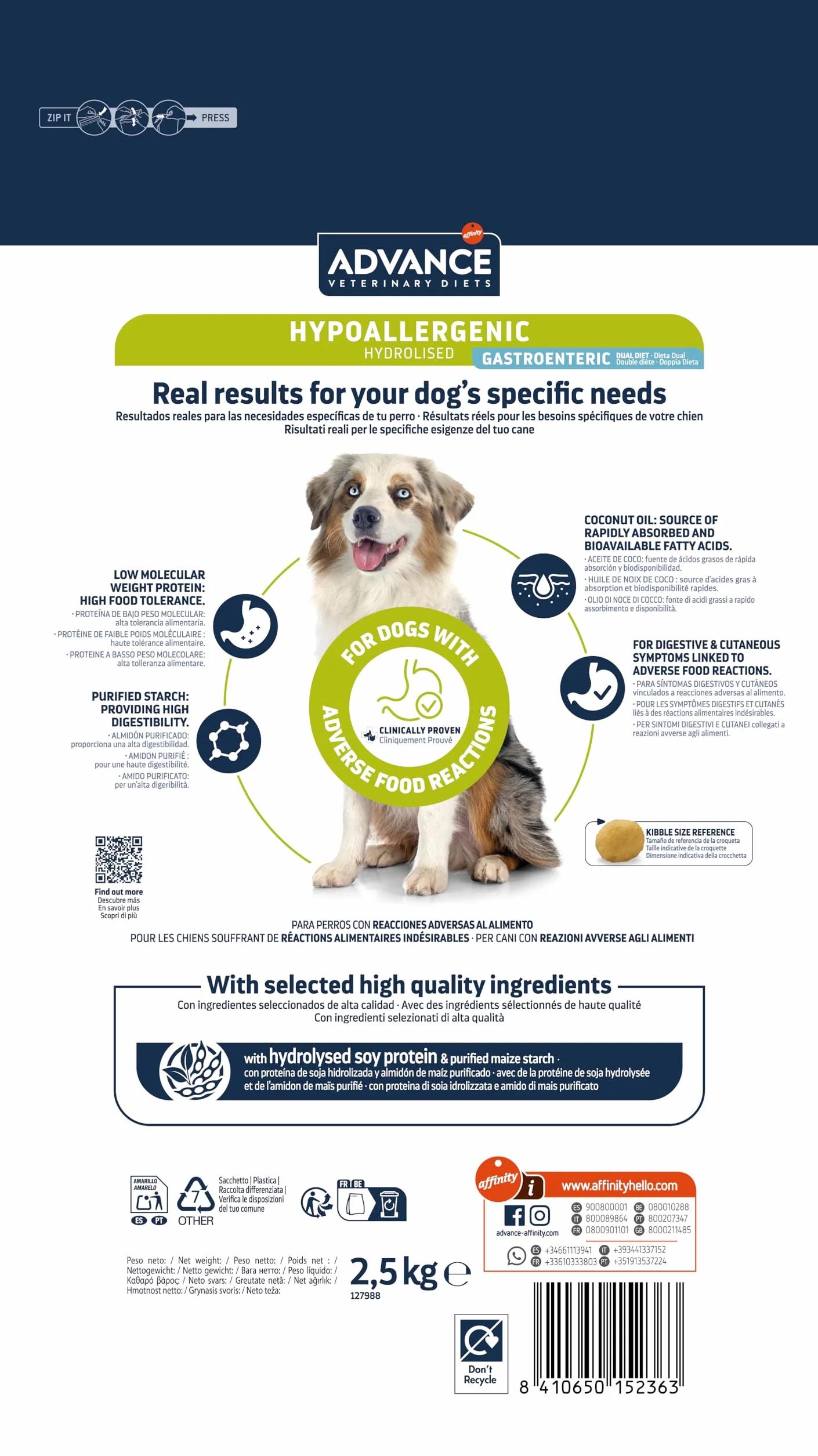Advance Veterinary Diets Hypoallergenic, Pienso para Perros para Reducir las Intolerancias alimentarias, 10kg