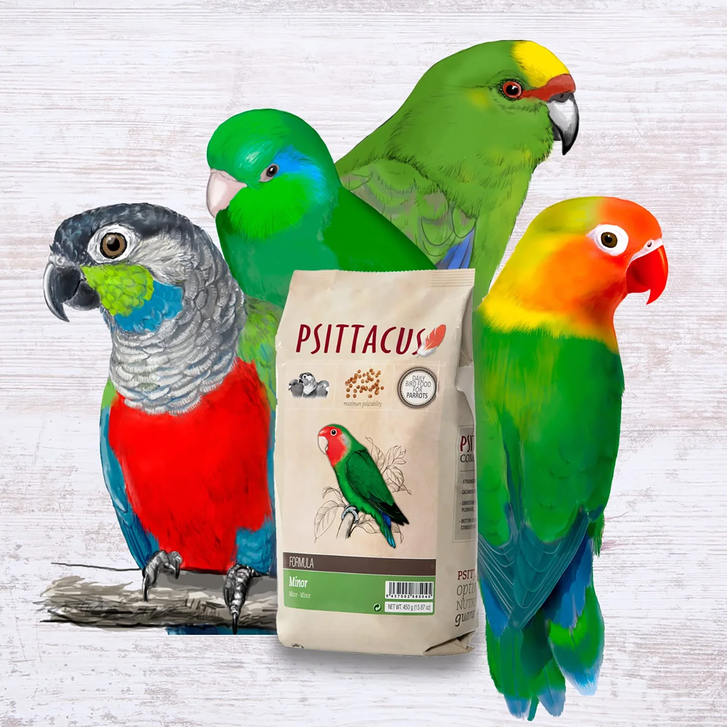 Psittacus Minor 450 g | Pienso Completo para Agapornis, Forpus y Pyrrhuras | Alimento Premium para Aves | 100% no-GMO