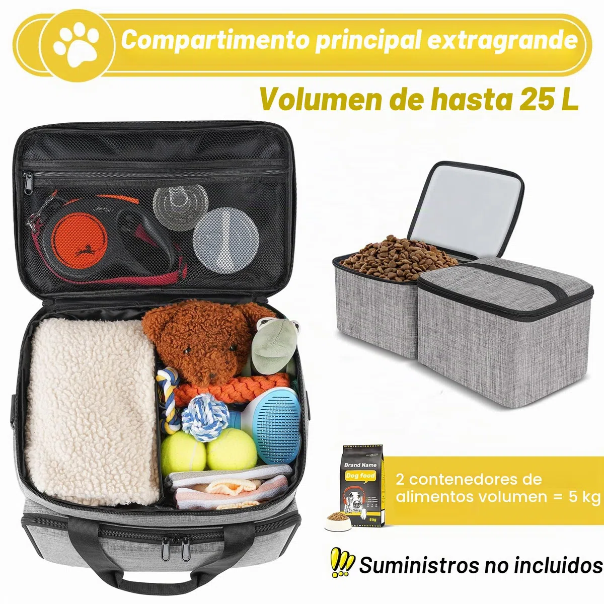 Juego de 6 bolsas de viaje para perros, kit de viaje grande para mascotas, incluye 2 recipientes de alimentos, 1 organizador de viaje para perros, 2 cuencos plegables, 1 bolsa de golosinas,
