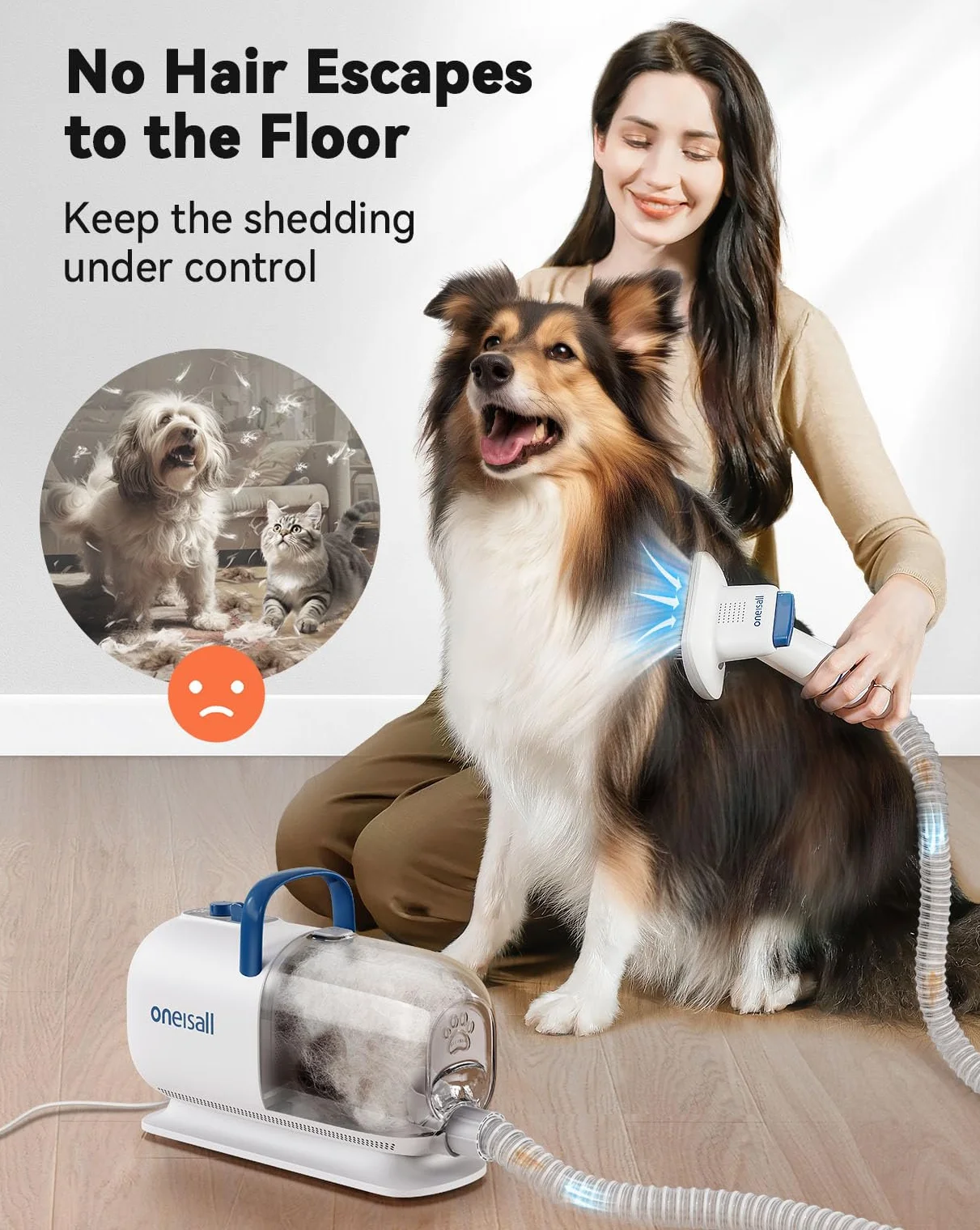 oneisall Secador y cortapelos al vacío para peluquería canina, 15000 Pa, kit de aseo para perros para recortar y secar, 7 niveles de temperatura de soplado, flujo de aire ajustable, 2,5 L