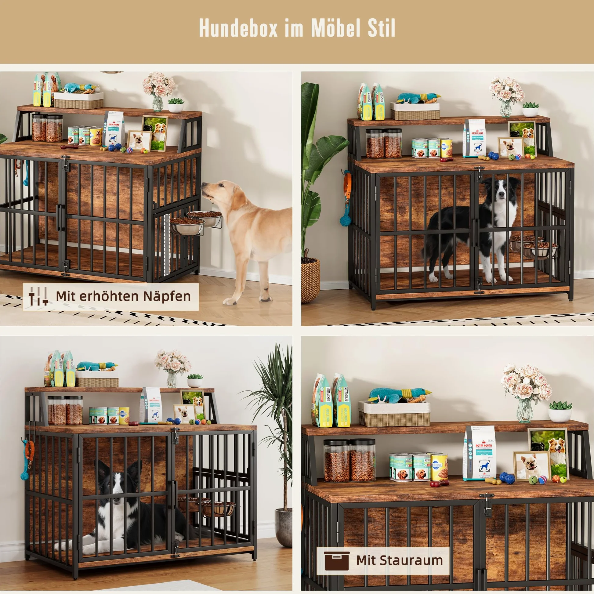 Jaula para perros, muebles para el hogar, 100 x 60 x 85 cm, jaula para perros de madera con comederos giratorios para perros, caseta para perros en estilo mobiliario con espacio de