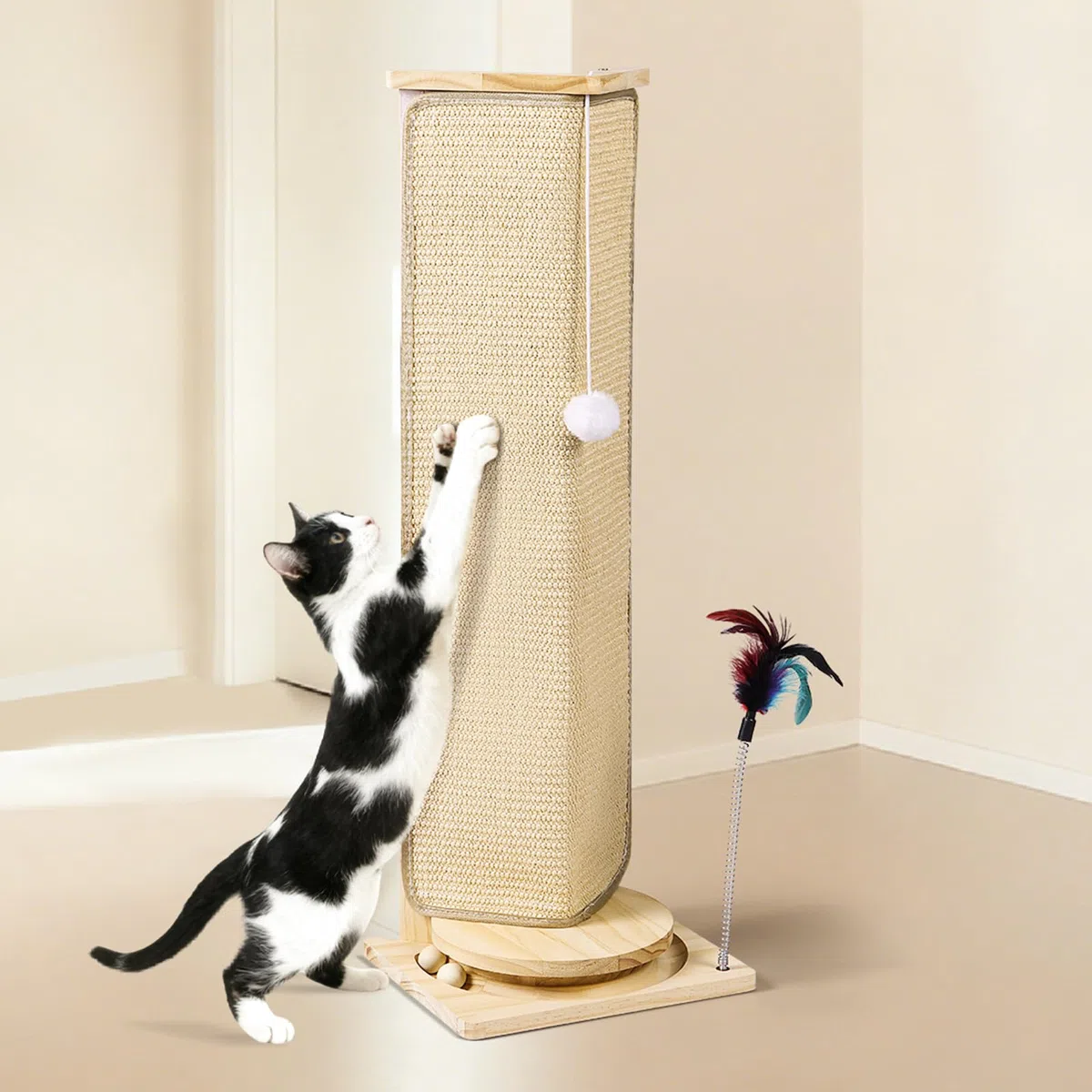 Rascador de esquina para sofá, poste rascador para gatos de 31 pulgadas de alto con juguetes interactivos, almohadilla de sisal reemplazable para gatos de interior, protector de muebles para