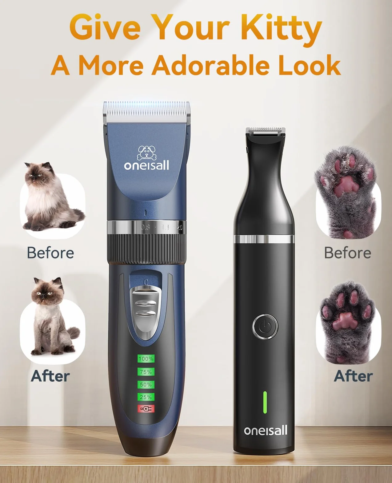 oneisall Kit de cortapelos para perros y patas de perro, 2 en 1, kit de aseo para mascotas, gatos, perros, silencioso, inalámbrico