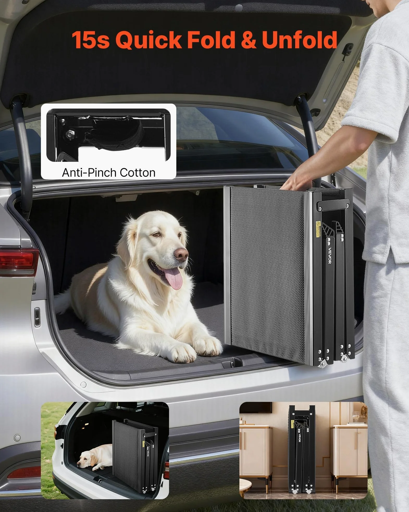 VEVOR Rampa para Perros, 180 x 50,8 cm, Plegable, para Perros Medianos y Grandes de hasta 113 kg, con Superficie de Tela Oxford Antideslizante, Portátil, para Exteriores, SUV y Camiones, Negro