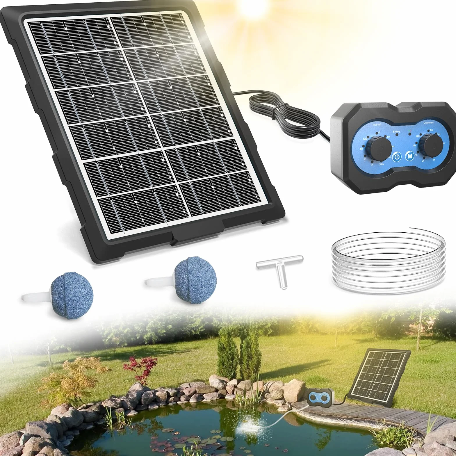 Bomba de aire oxigenadora solar para estanque, botón de rotación simple mejorado, aireador solar para estanques al aire libre con función de temporización, para jardín, pecera, piscina, estanque de