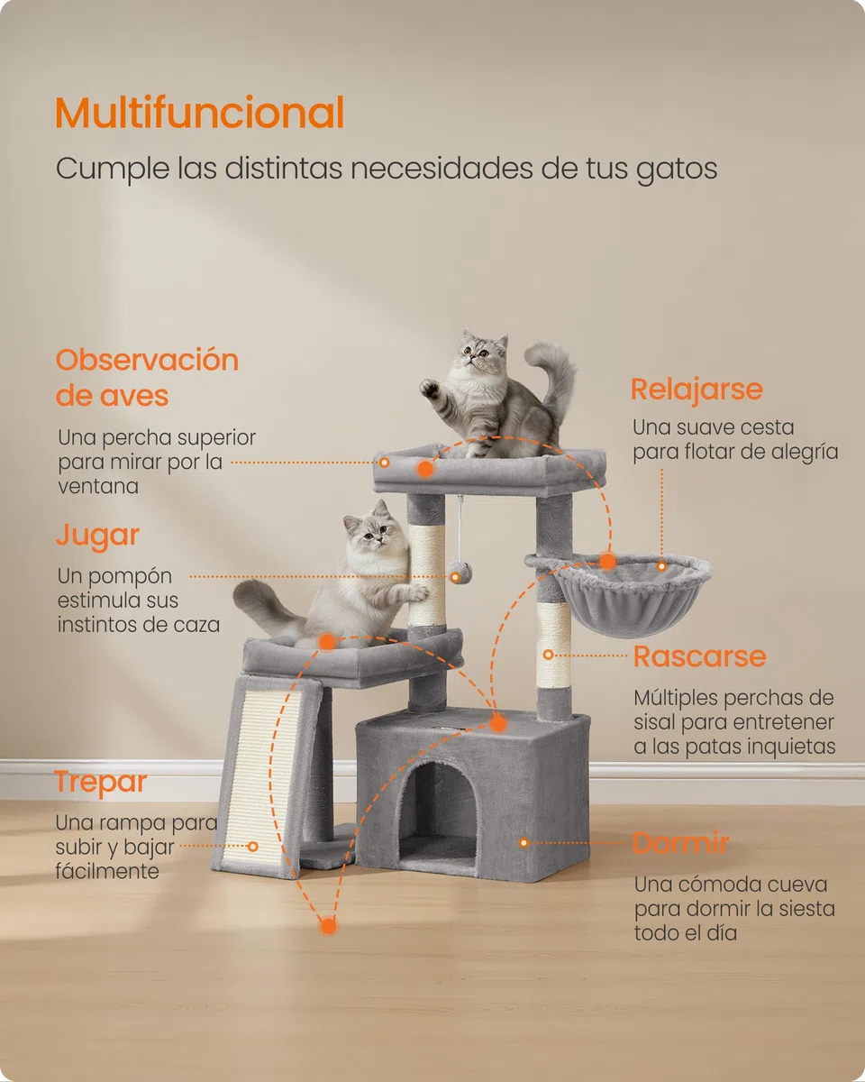 Feandrea Árbol para Gatos, Torre de Juegos con 2 Camas Grandes, Postes Rascadores y Rampa, 85,8 cm de Altura, Gris Paloma PCT013GD01