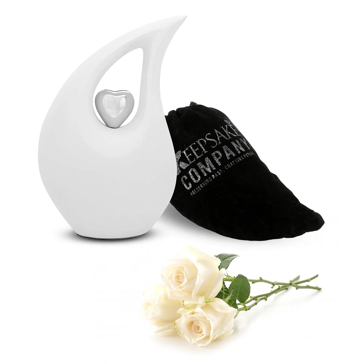 Urnas Medianas con Forma de lágrima Blanca para Cenizas humanas con corazón Plateado (6 Pulgadas de Altura) -Urna para Mascotas pequeñas, Blanco Mate