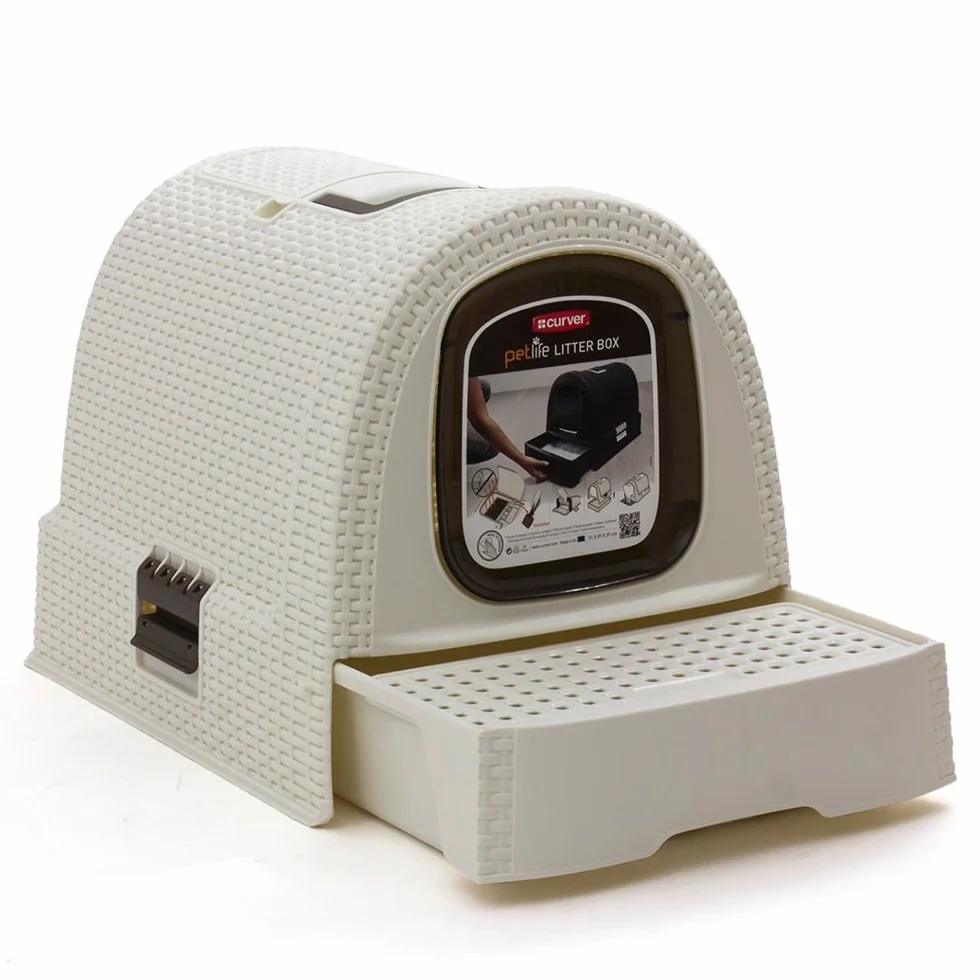 Curver - Inodoro para Gatos, Bandeja Sanitaria Cerrada, Compartimento Inferior extraíble para facilitar la Limpieza, Pala para Arena y Alfombrilla Incluidas, Dimensiones: 40 x 38.5 x 51.5 cm Blanco