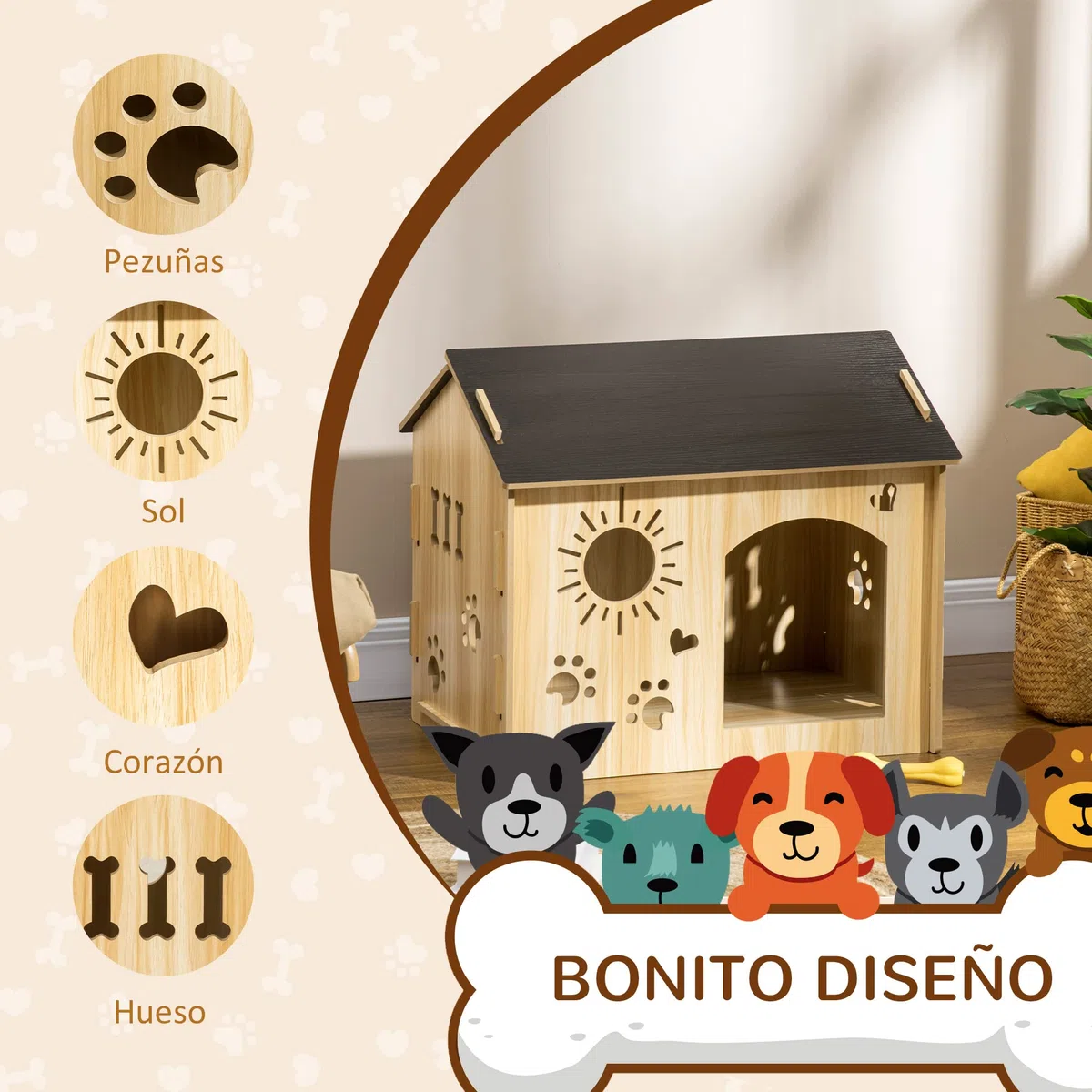 PawHut Caseta de Madera para Perros Pequeños Casa para Mascotas Interior con Puerta Delantera de Forma de Sol Corazón Pata 69x50x58,5 cm Roble