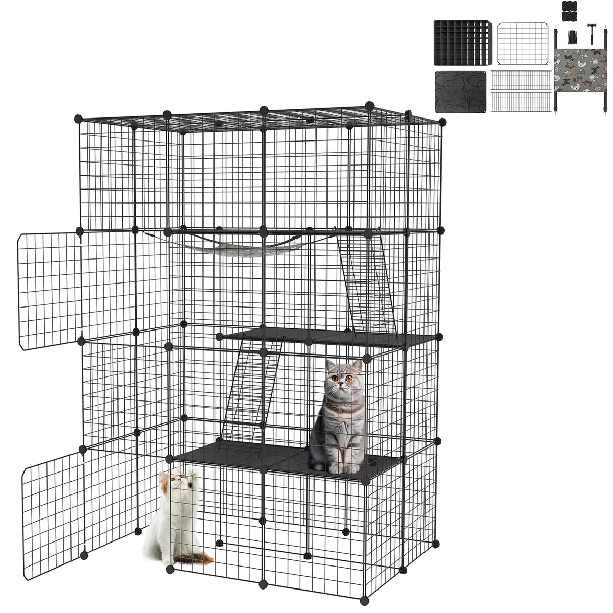 Froadp Jaula de metal para gatos con hamaca desmontable, 2 escaleras y 2 puertas, recinto para gatos de 4 pisos, transportable para gatos, conejos, chinchilla