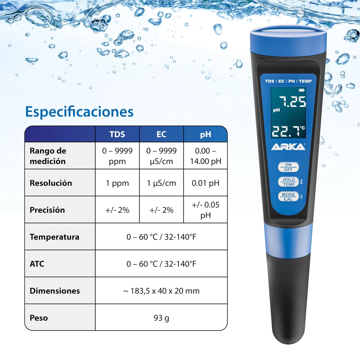ARKA myAQUA medidor de pH/TDS/EC - medidor de la Calidad del Agua para pH, TDS, EC y Temperatura, Incl. solución de calibración, Ideal para acuarios, Piscinas, estanques y Agua Potable