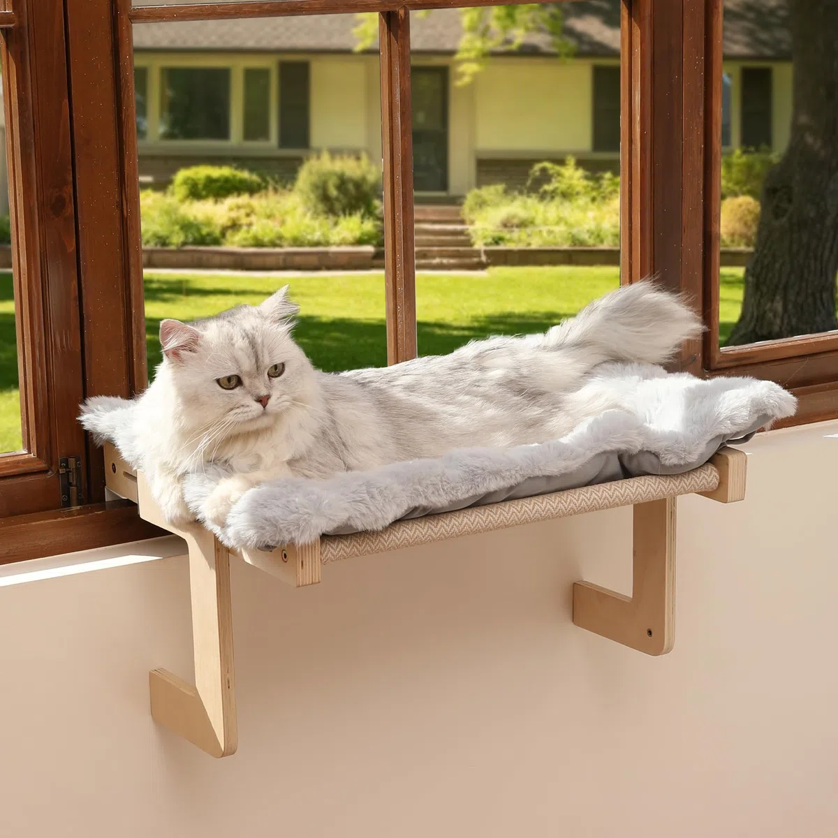 FUKUMARU Hamaca para Gatos Ventana Cama para Gatos Repisa, con cojín Suave, Estructura Reforzada de Madera y Metal, Hamaca Convertible. Soporta hasta 20kg