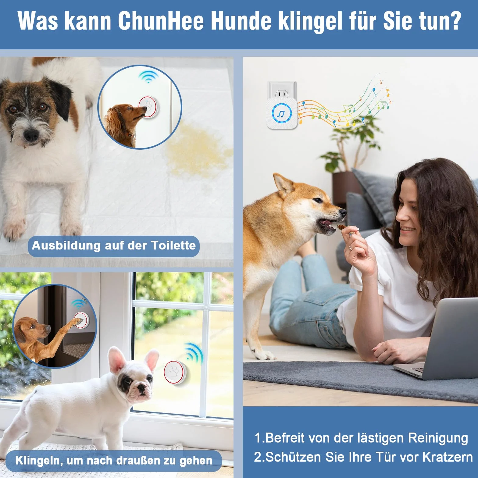 ChunHee Timbre inalámbrico para Perro/Entrenamiento Mascotas/Timbre Inteligente Funciona a 500Pies con Botón Táctil Impermeable IP55 52 Melodías 5 Niveles deVolumen Flash LED