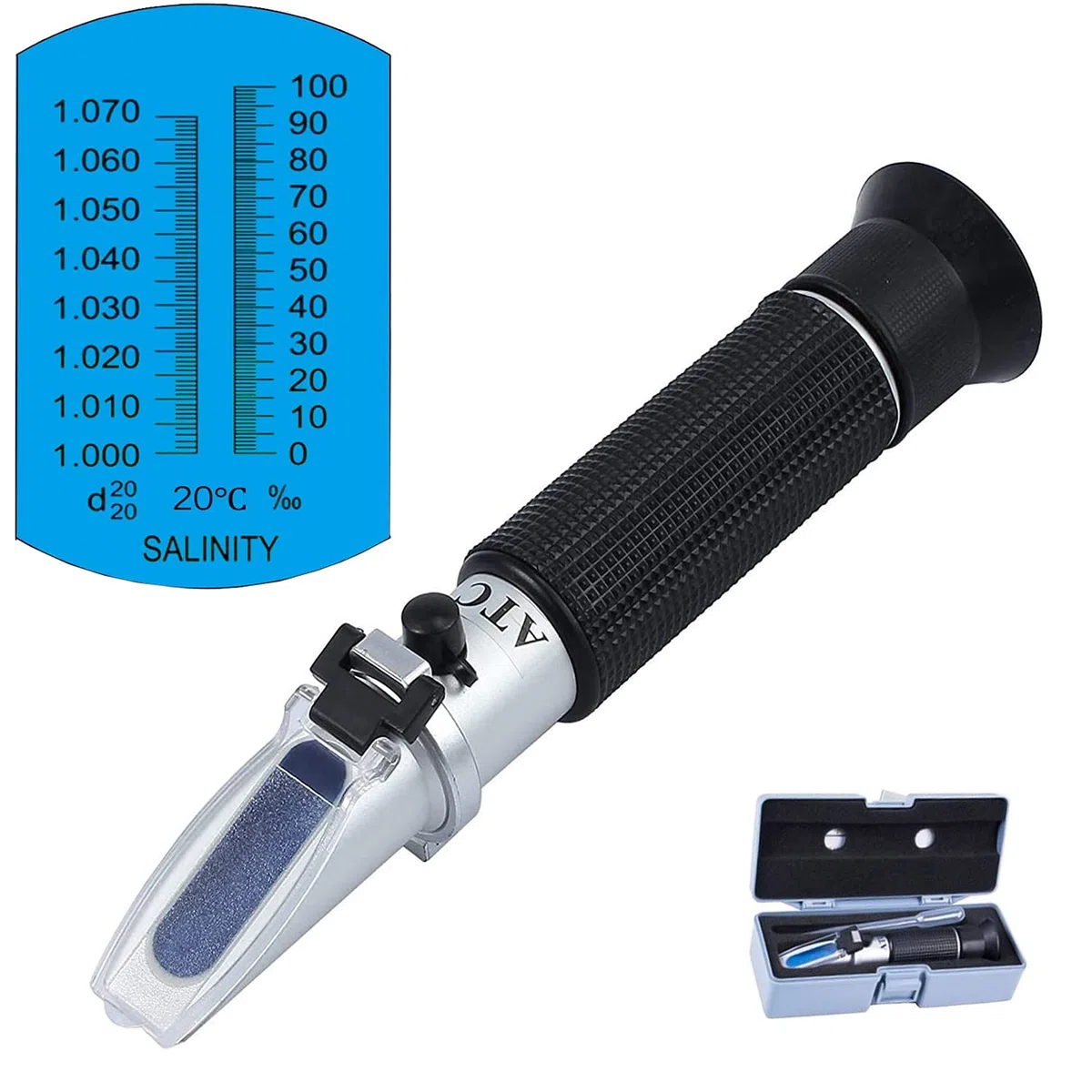Refractómetro de salinidad,Probador de Agua Salada portátil con compensación automática de temperatura,hidrómetro 0-100‰ y refractómetro ATC de gravedad específica de 1,000a1,070 para acuarios marinos
