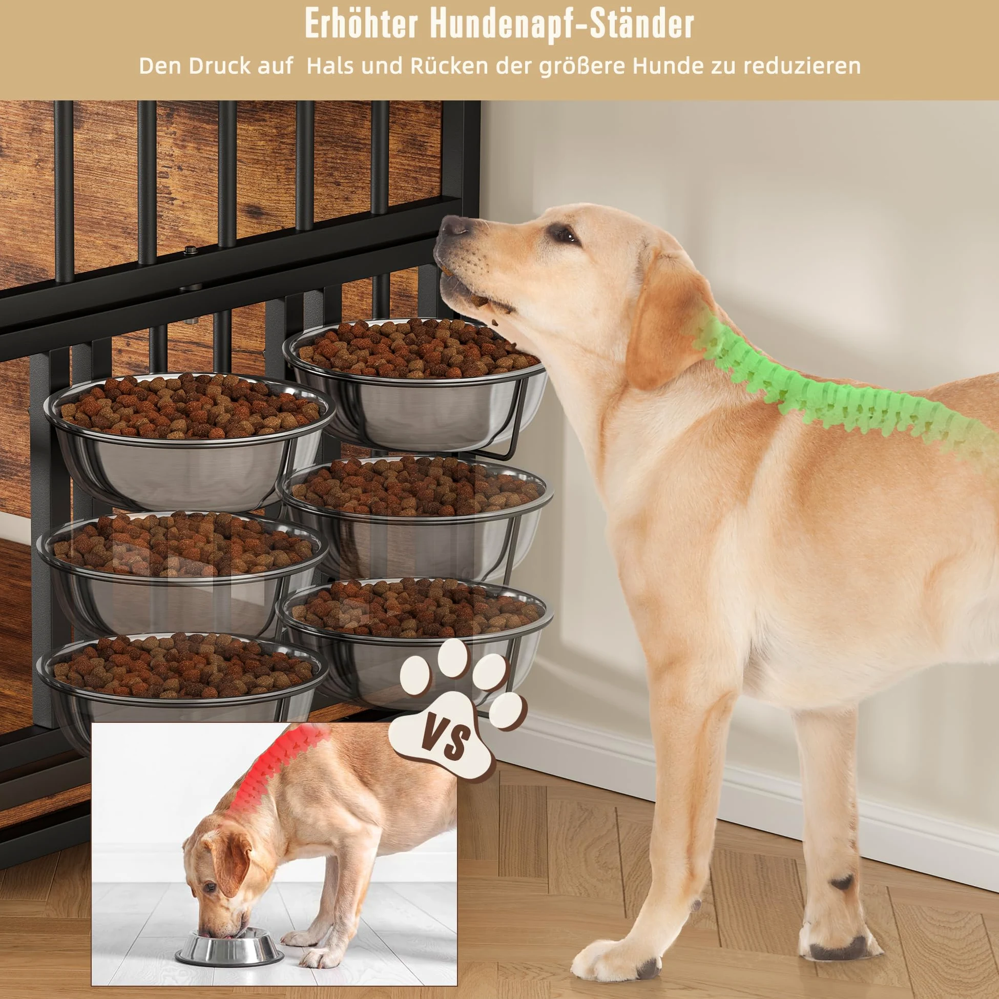 Jaula para perros, muebles para el hogar, 100 x 60 x 85 cm, jaula para perros de madera con comederos giratorios para perros, caseta para perros en estilo mobiliario con espacio de