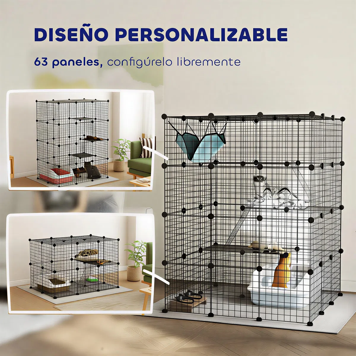 PawHut Jaula Grande para Gatos Interior de 4 Niveles con 5 Puertas, 3 Plataformas de Salto y 3 Rampas, Hamaca, Recinto y Parque para Mascotas, 105x105x140 cm, Negro