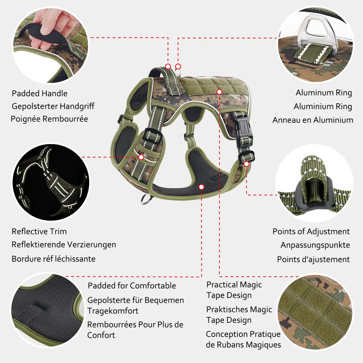 HEELE Arnés táctico para Perro, con Panel Molle, arnés para Perros pequeños, sin tirones, arnés Reflectante Acolchado Ajustable con asa para Entrenamiento y Caminar, Camo Verde, XL