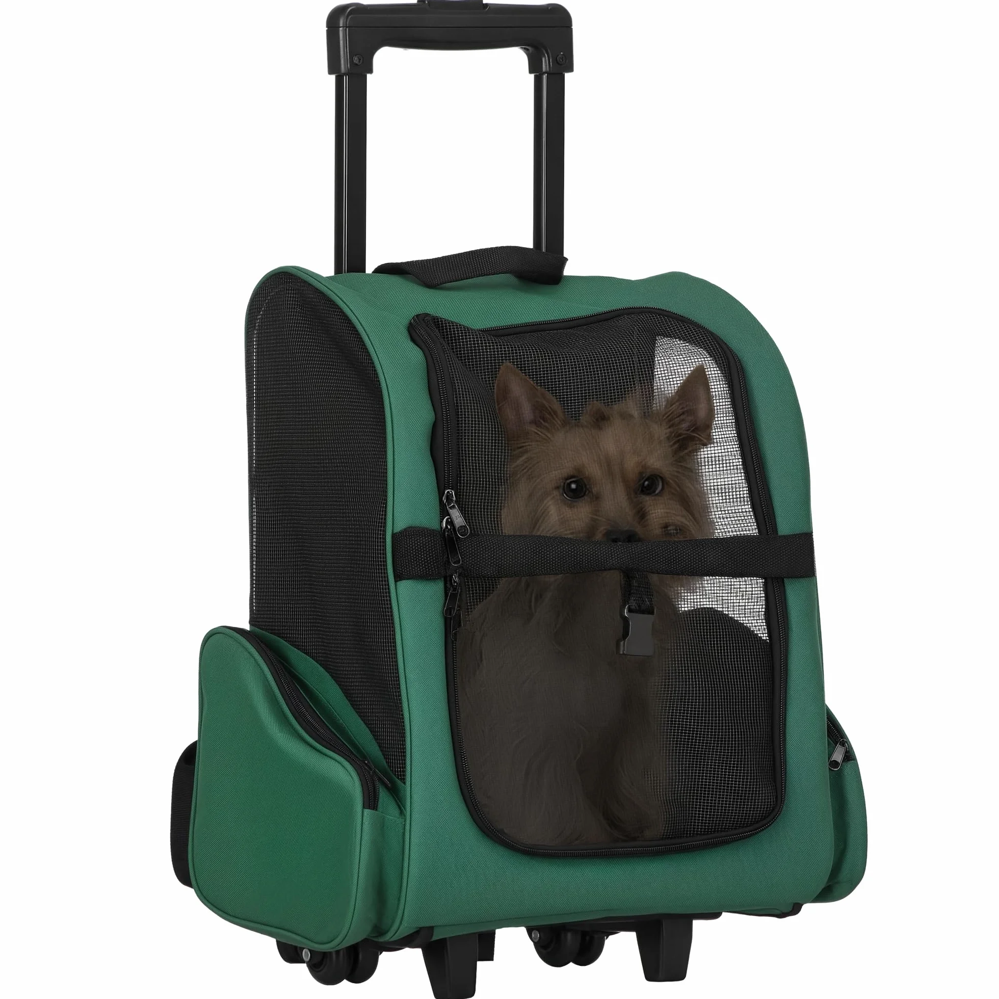PawHut Transportín 2 en 1 para Mascotas Mochila o Carrito de Viaje para Perro y Gato con 2 Ruedas con Asa retráctil de Aluminio y Bolsillos 42x25x55 cm Verde