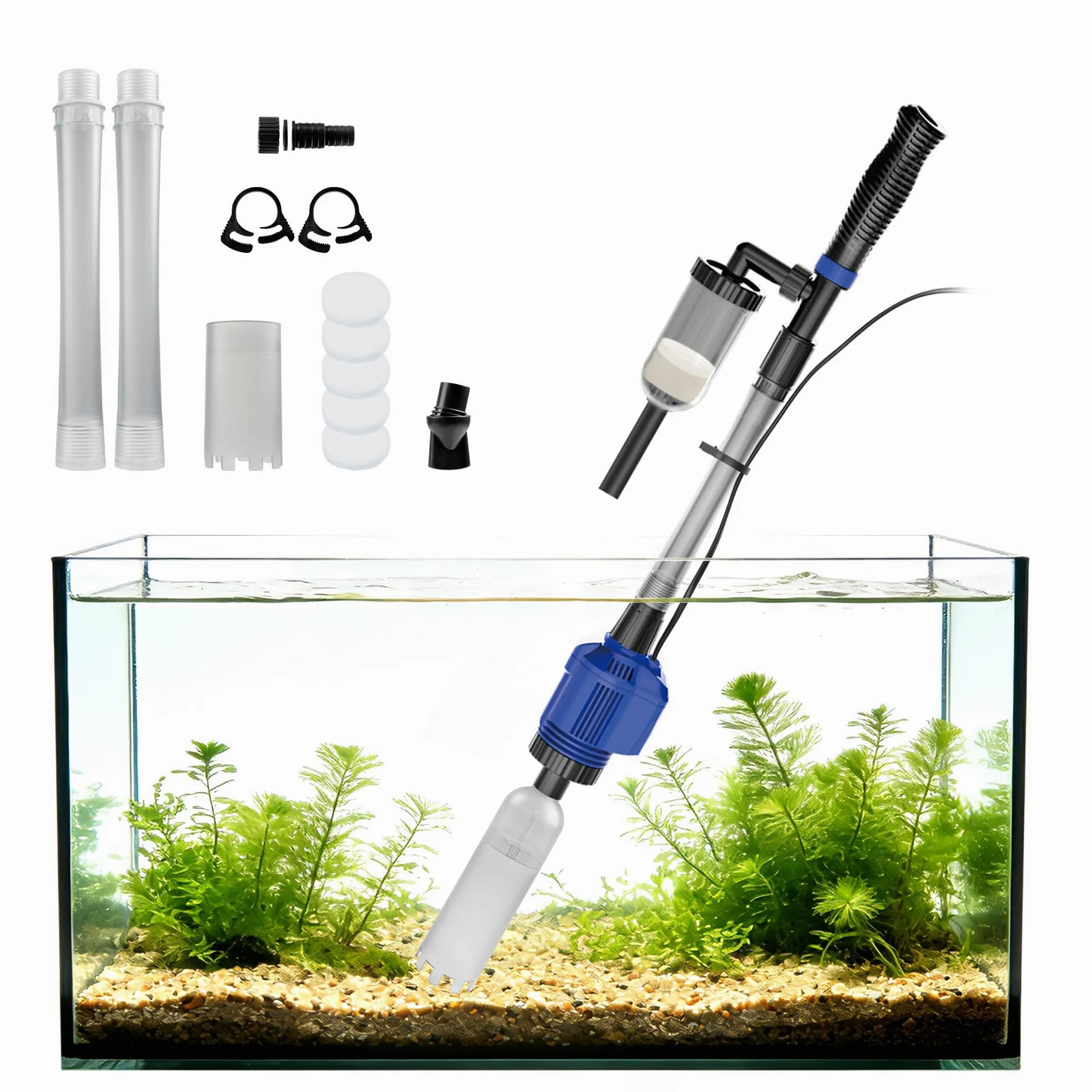 NICREW 3 en 1 Aspirador Automático para Acuario, Limpiador de Grava con Esponja de Filtro, Aspirador de Grava Eléctrica Adecuada para Acuarios Medianos y Grandes, 800 L/H, 16W
