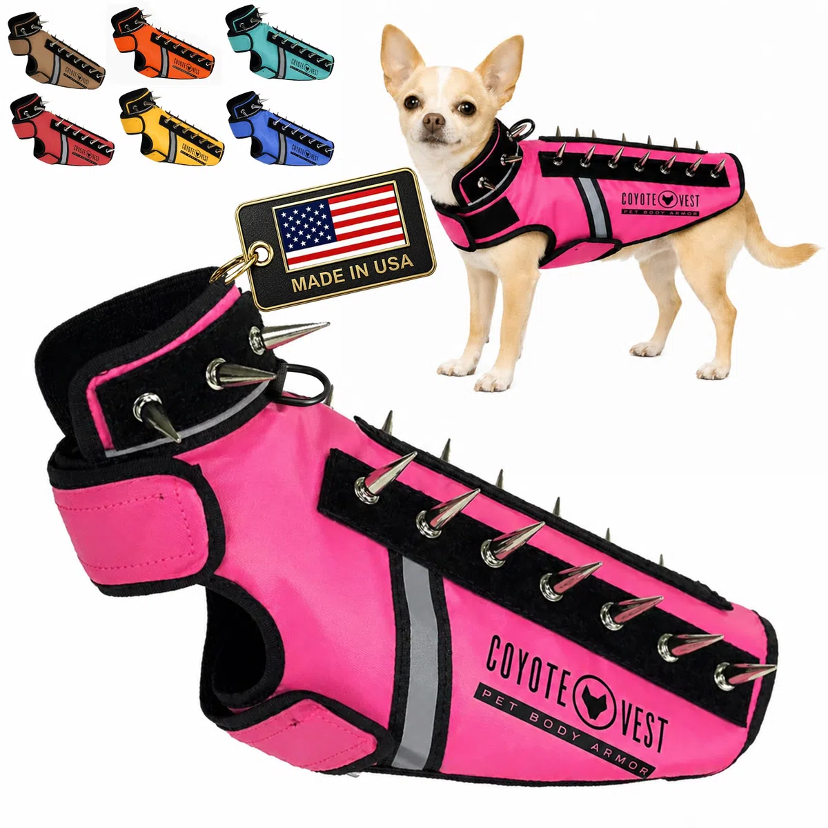 CoyoteVest SpikeVest - Arnés para Perros pequeños, Chaleco Reflectante con Pinchos para protegerlos de halcones, Coyotes, Rapaces y ataques de Animales, Fabricado en EE. UU., Rosa, XXS