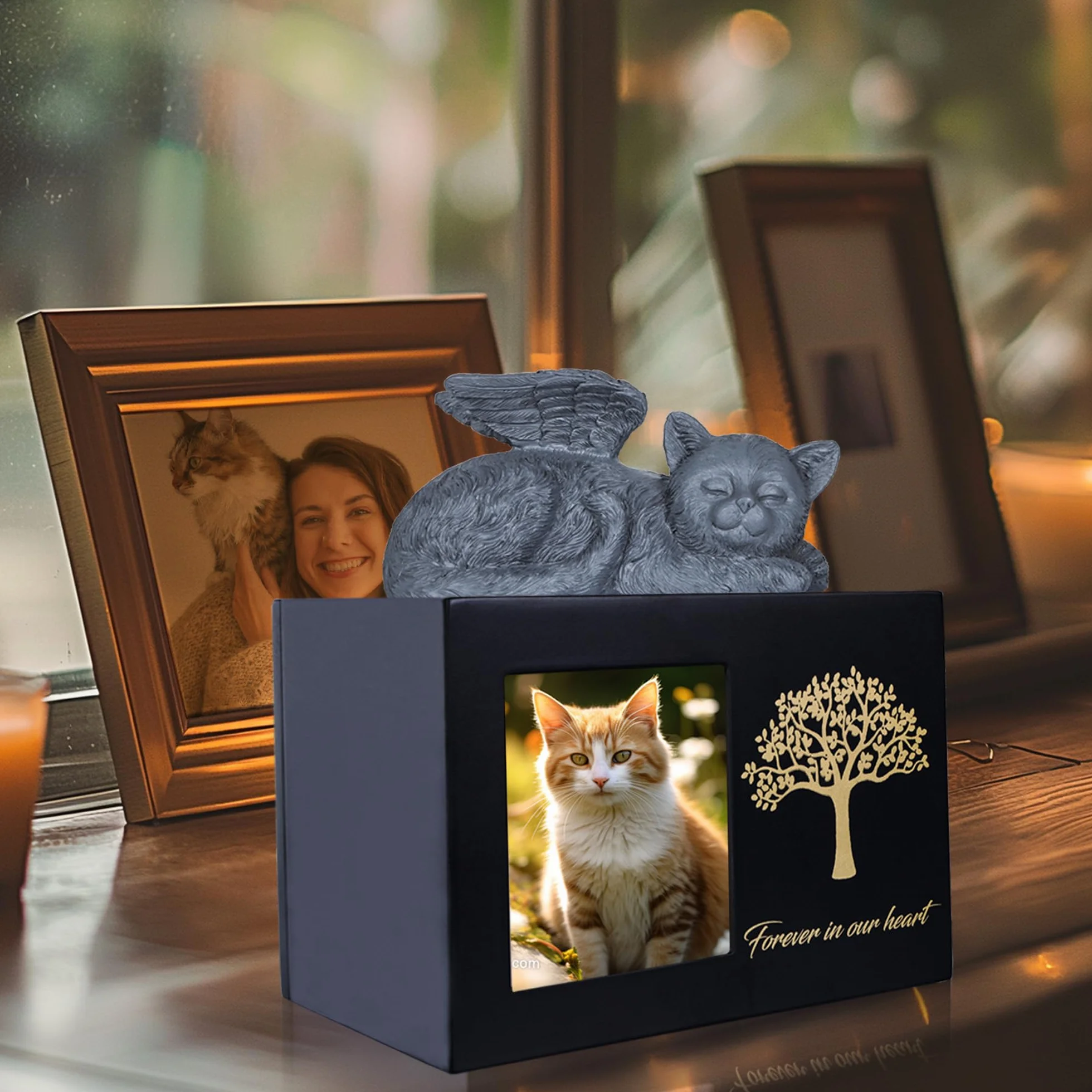 Urnas para gatos - Caja de cremación - Urna negra de madera con estatua de gato y bolsa de terciopelo