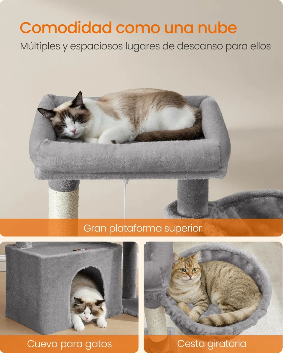 Feandrea Árbol para Gatos, Torre de Juegos con 2 Camas Grandes, Postes Rascadores y Rampa, 85,8 cm de Altura, Gris Paloma PCT013GD01