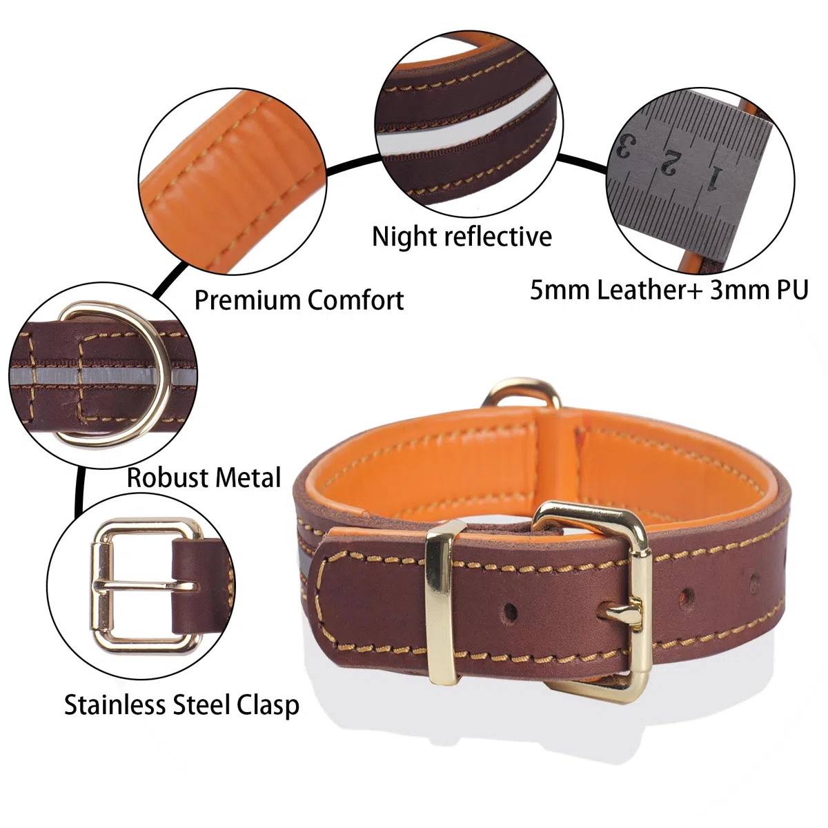 Collar de Perro de Cuero Grueso,Heavy Duty Cuero Genuino, Reflectante y Ajustable,Suave Acolchado para Mayor Comodidad,Collares de Perro Fuerte para Medianas, Grandes, Extra Grandes Razas（Marrón）(XL)