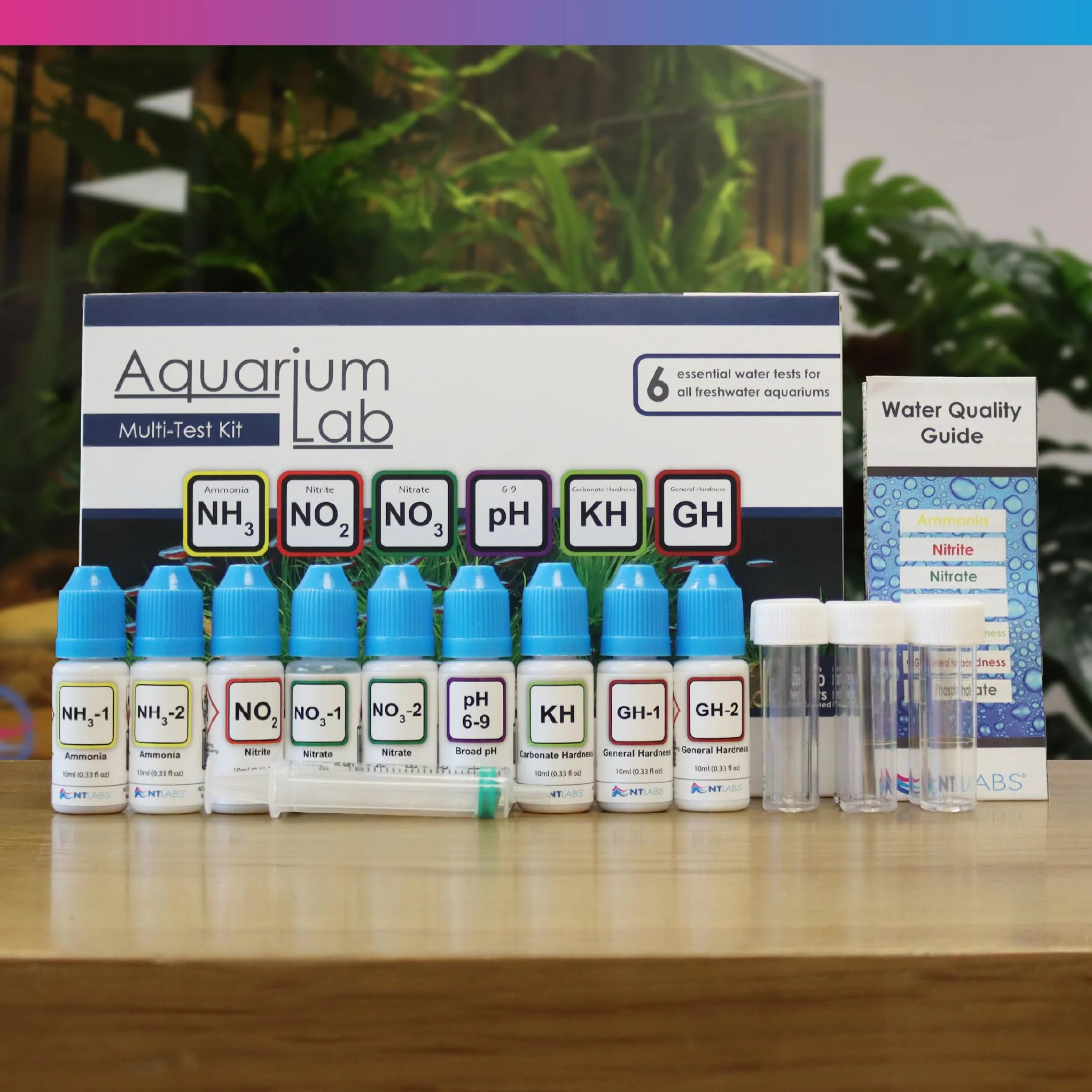 NT Labs Aquarium Lab Multi Test Kit – Test para Acuario de Agua Dulce 6 en 1 (Amoníaco, nitrito, nitrato, pH, GH, KH), hasta 200 Mediciones, Kit Líquido Profesional Alta Precisión