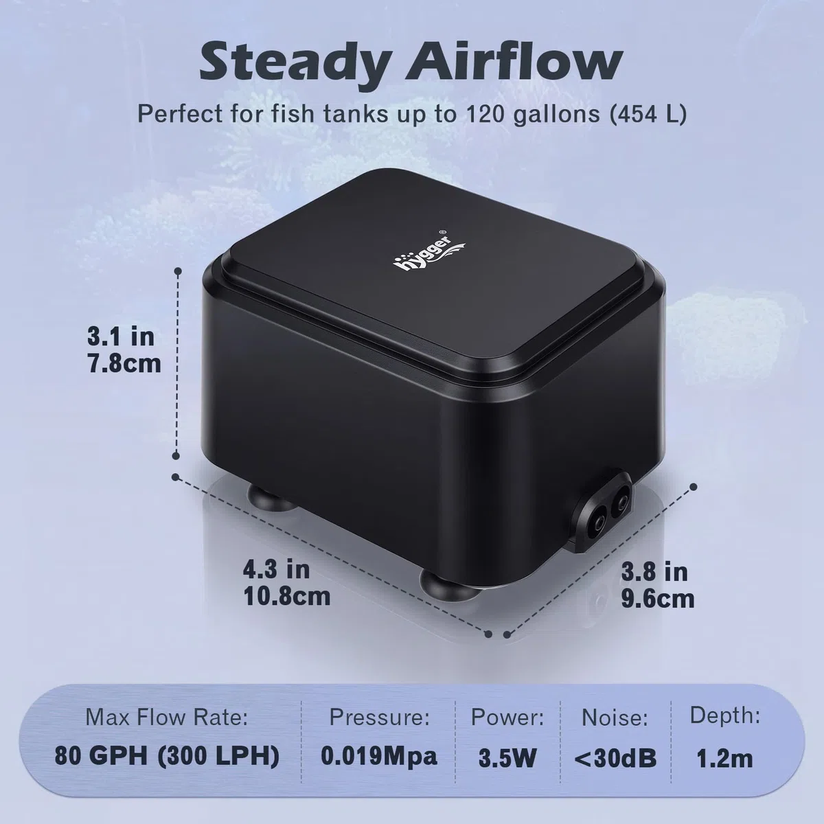 hygger Bomba de aire silenciosa para acuarios <30 dB, de oxígeno de bajo ruido ajustable para acuarios con 2 salidas de aire de ventilación silenciosa (3.5 Vatios, hasta 454 L)