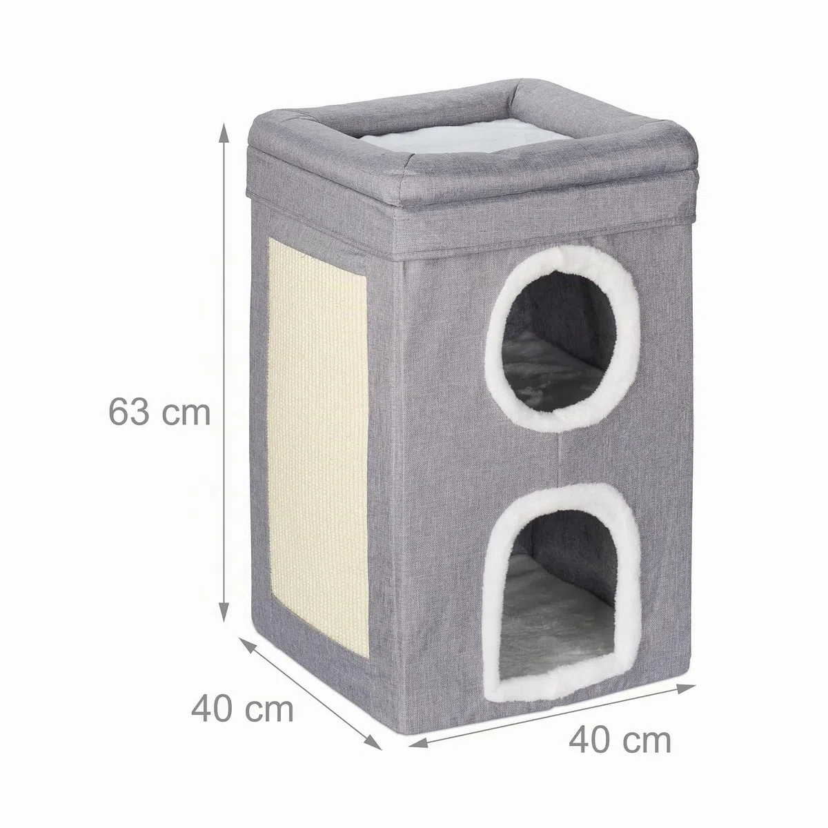 Relaxdays Casa para Gatos con 2 Cuevas, Nivel Superior Abierto, Cama Gatitos, con Rascador, 63x40x40 cm, Gris y Blanco