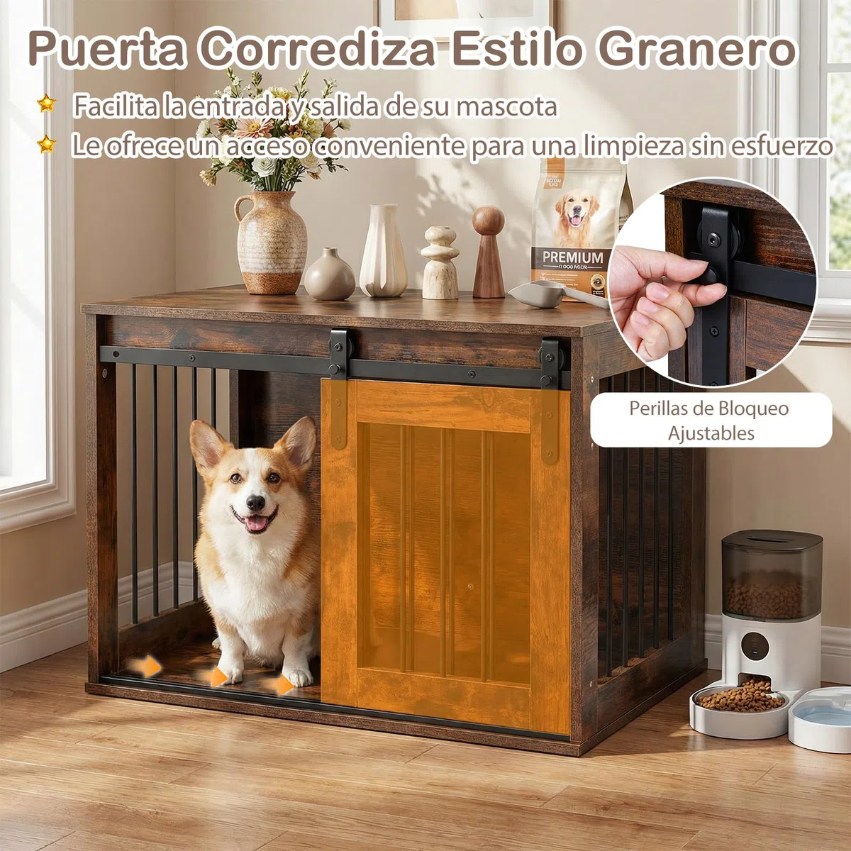 COSTWAY Jaula para Perros, Mueble para Perros con Puerta Corrediza, Mesa Lateral Decorativa, Estructura Metálica, Mueble Jaula de Madera para Mascotas Pequeñas y Medianas, 80 x 54 x 57 cm (Marrón)