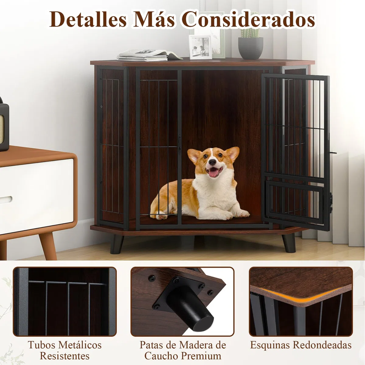 COSTWAY Mueble Esquinero para Perros, Muebles de Jaula Esquinera para Perros, Ahorra Espacio, Marco Metálico, Mesa Auxiliar Interior para Mascotas Pequeños Medianos Grandes, Soporta hasta 30 kg