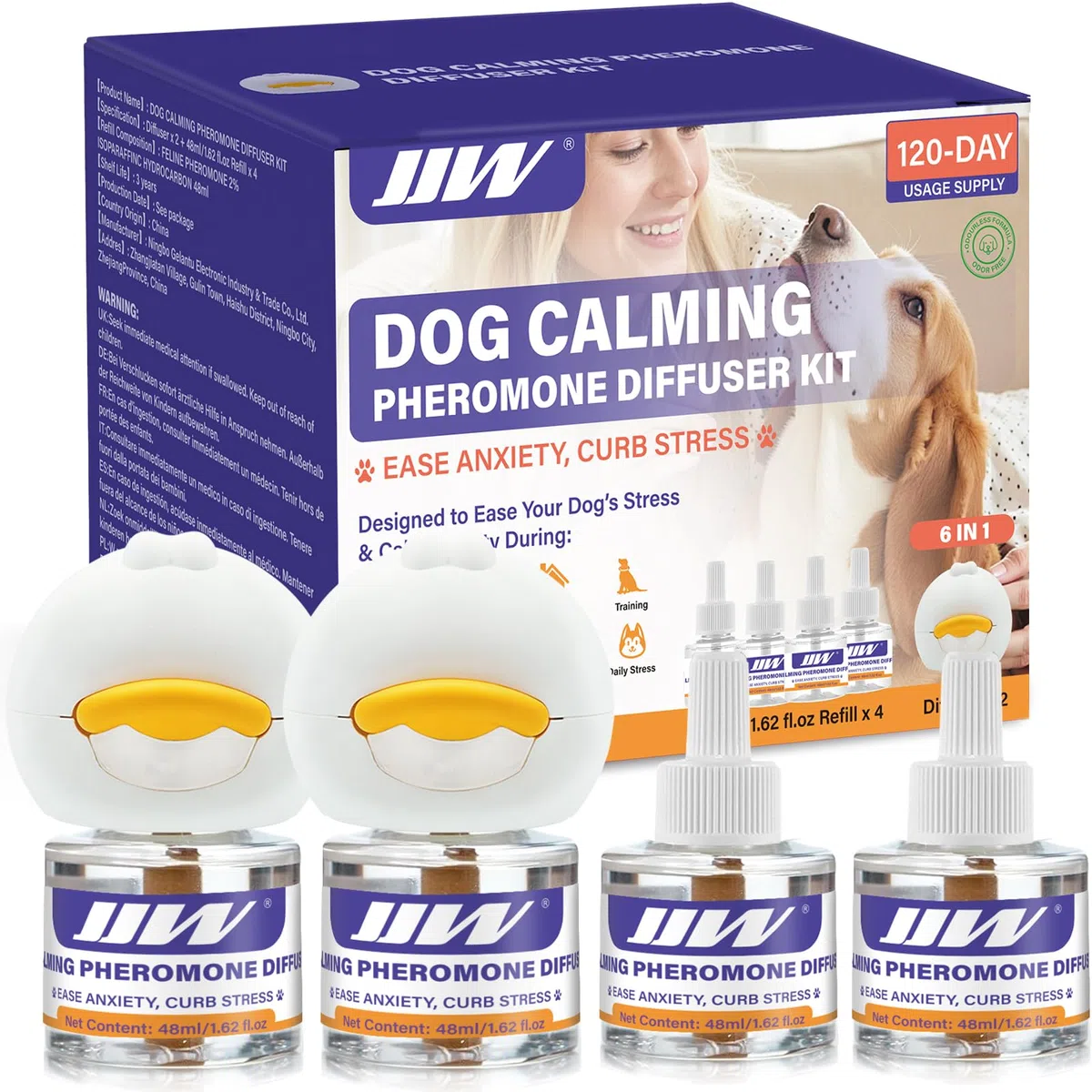 JJW Kit Difusor de Feromonas 6-en-1 para Perros | 2 Difusores + 4 Recargas (120 Días) | Anti-Estrés, Reduce Ladridos/Mordiscos | Inodoro & Seguro (Morado, S)