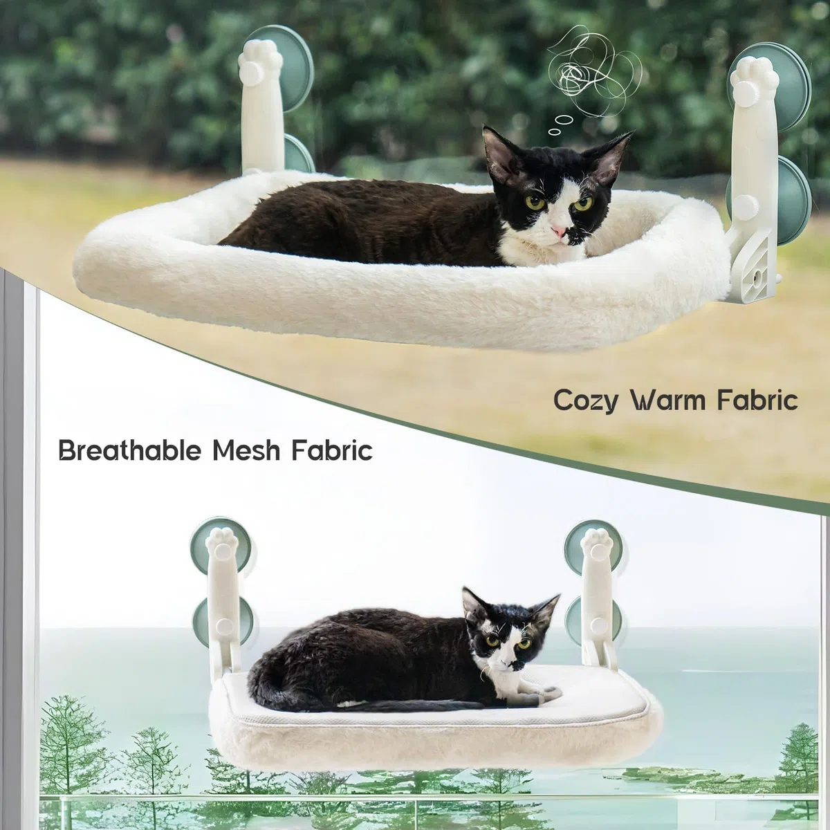 MEWOOFUN Plegable Hamaca Gato Ventana, Cama Gatos con Ventosa Fuerte Alfombra Reversible, Cama para Gatos Soportar hasta 18kg (Beige, M-with Mat)
