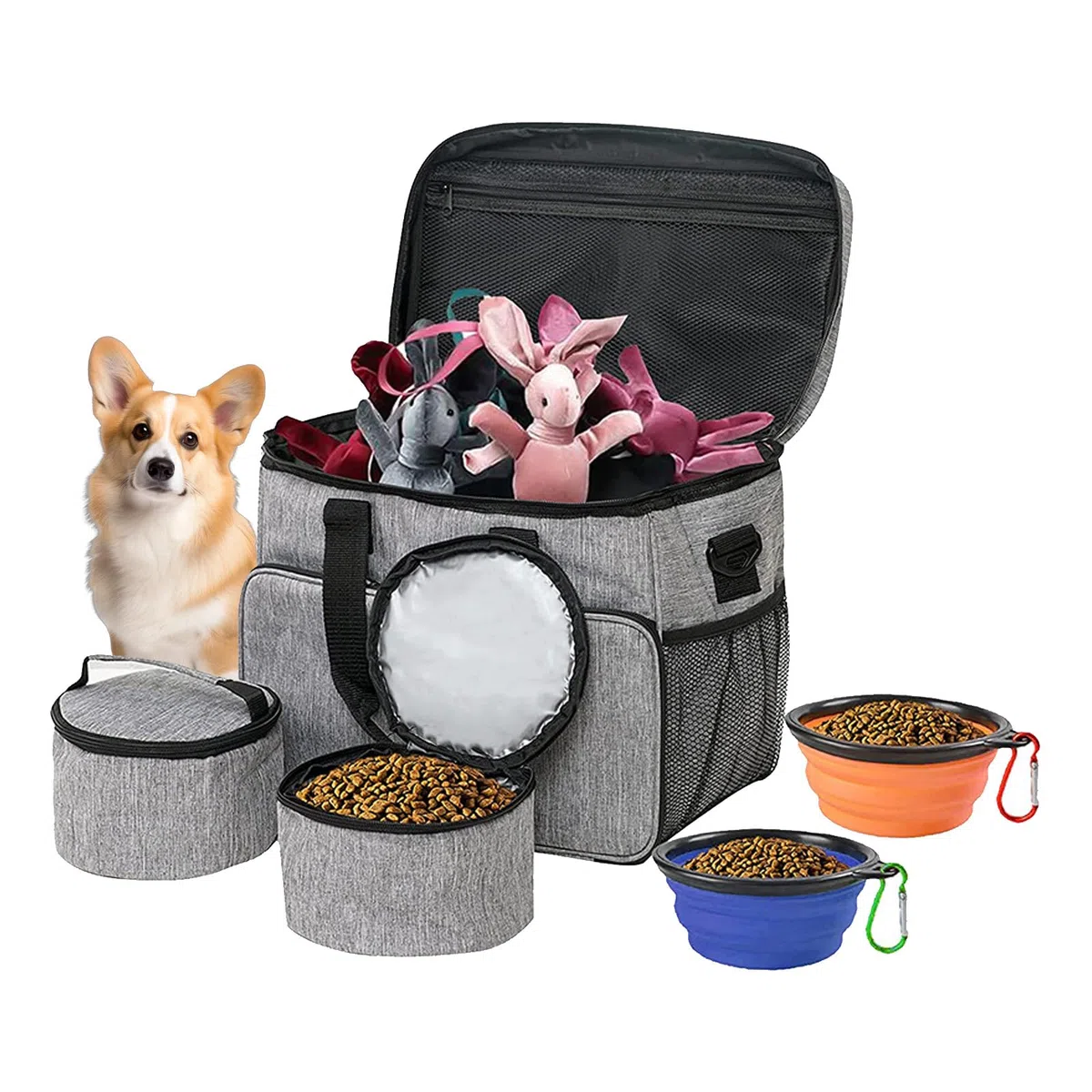 Bolsa de viaje para perros grande bolsa de viaje para perros, organizador de suministros para mascotas con 2 recipientes de comida y 2 cuencos plegables para perros y gatos, bolsa grande para