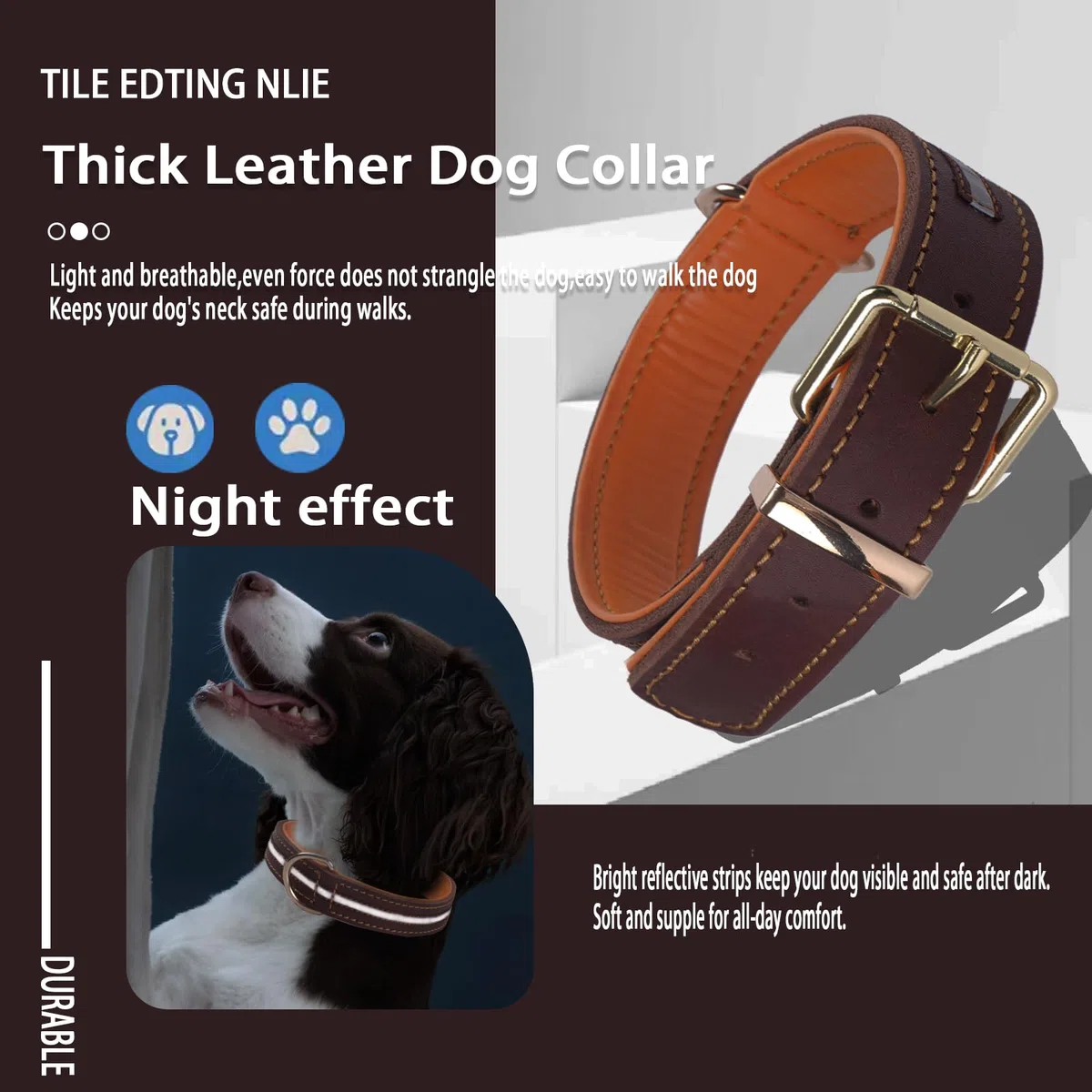 Collar de Perro de Cuero Grueso,Heavy Duty Cuero Genuino, Reflectante y Ajustable,Suave Acolchado para Mayor Comodidad,Collares de Perro Fuerte para Medianas, Grandes, Extra Grandes Razas（Marrón）(XL)