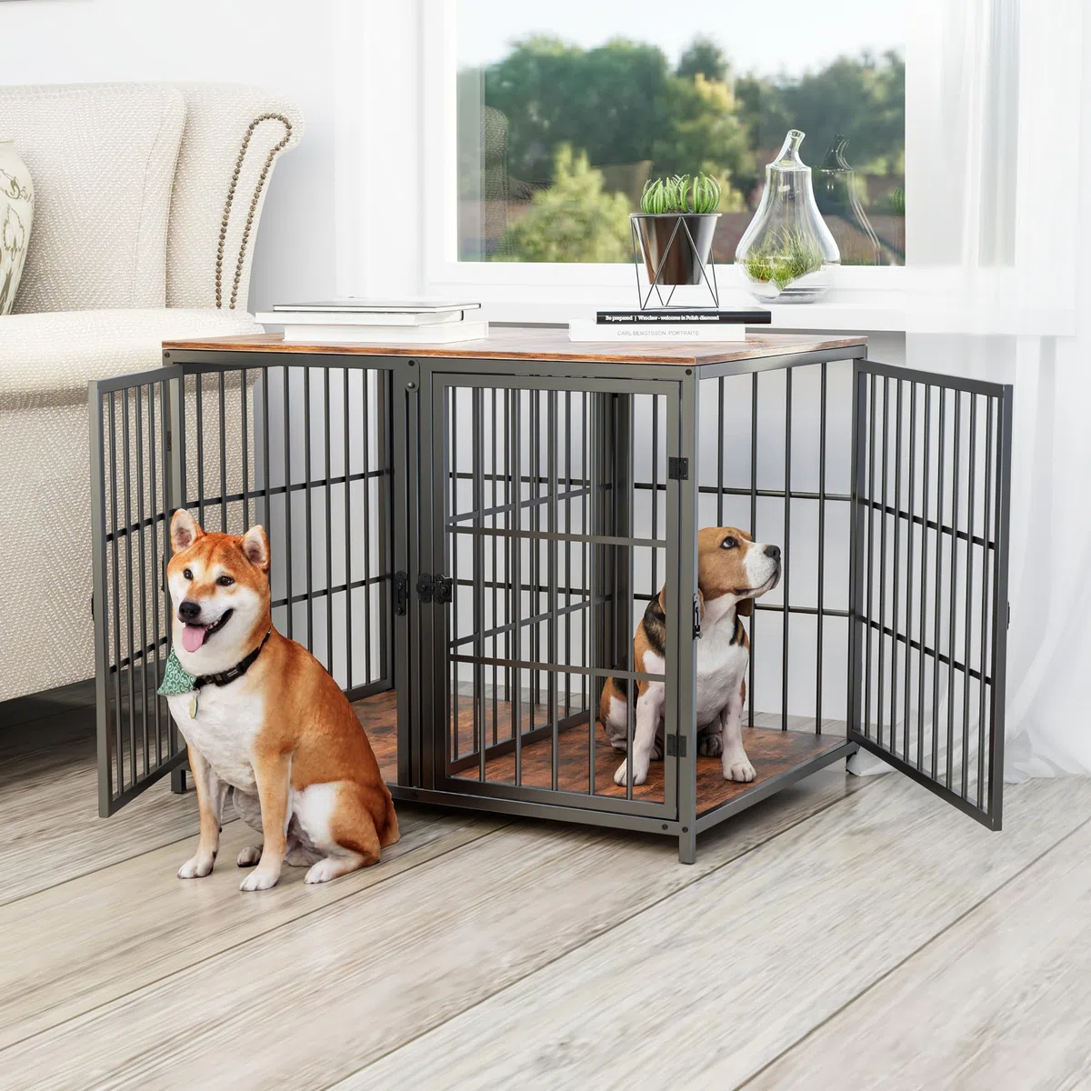 Bingopaw Jaula Perro Mediano Grande Mueble 90X62X68,5cm con Divisor Jaula Perros Madera con Hierro Fuerte Anticorrosivo y Superficie de Mesa y Cuerpo Conectable Dog Crate de 2 Habitaciones